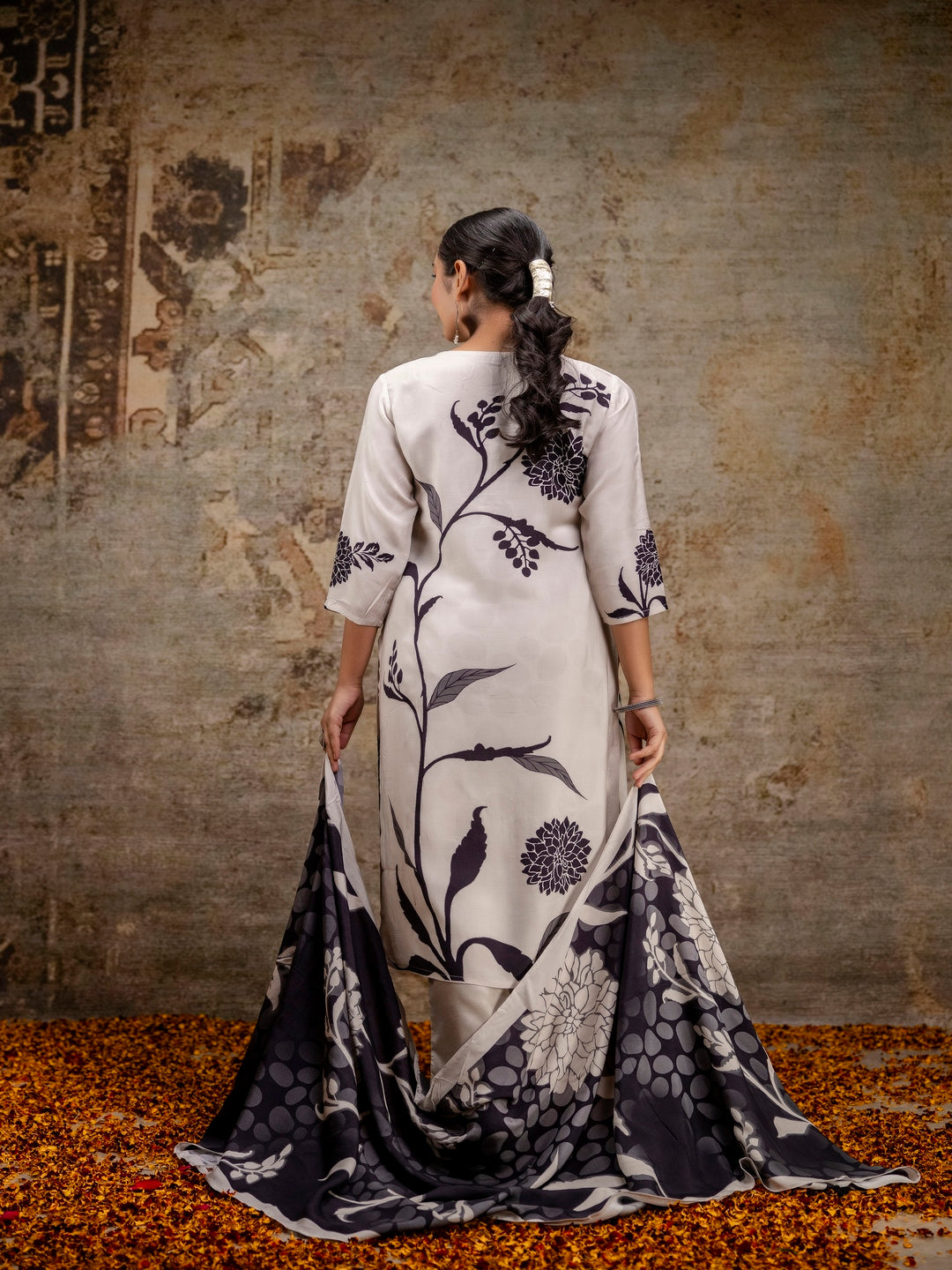 Black Printed Round Neck Calf Length Silk Kurta & Pant With Dupatta