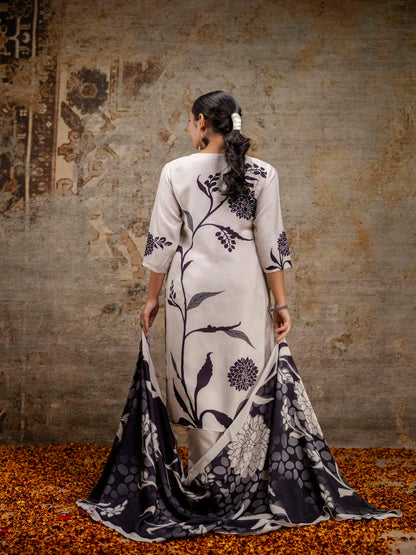 Black Printed Round Neck Calf Length Silk Kurta & Pant With Dupatta