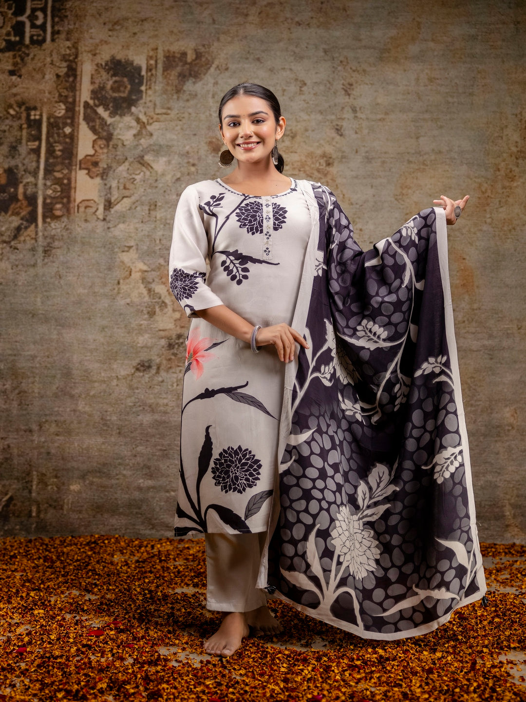 Black Printed Round Neck Calf Length Silk Kurta & Pant With Dupatta