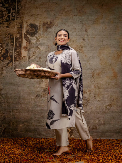 Black Printed Round Neck Calf Length Silk Kurta & Pant With Dupatta