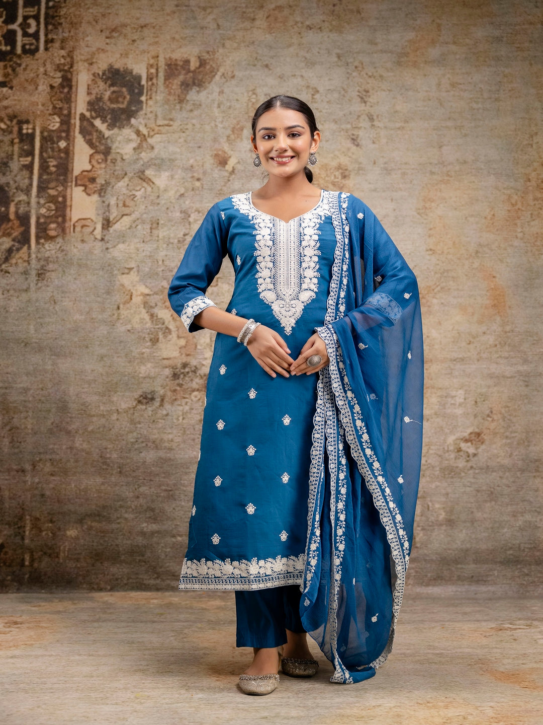 Blue Embroidered Round Neck Calf Length Silk Kurta & Pant With Dupatta