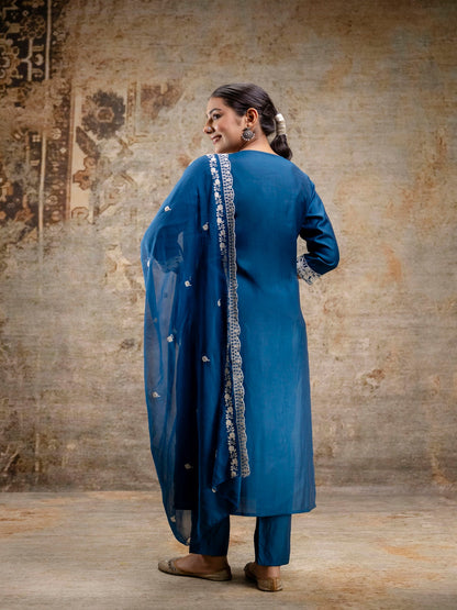 Blue Embroidered Round Neck Calf Length Silk Kurta & Pant With Dupatta