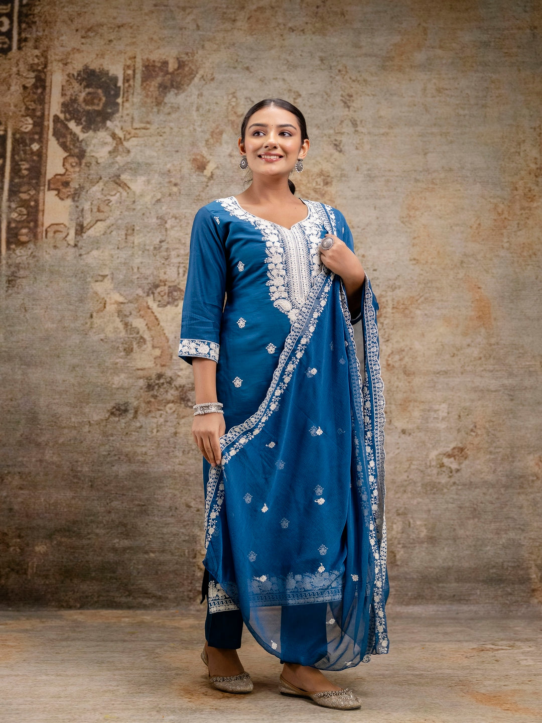 Blue Embroidered Round Neck Calf Length Silk Kurta & Pant With Dupatta