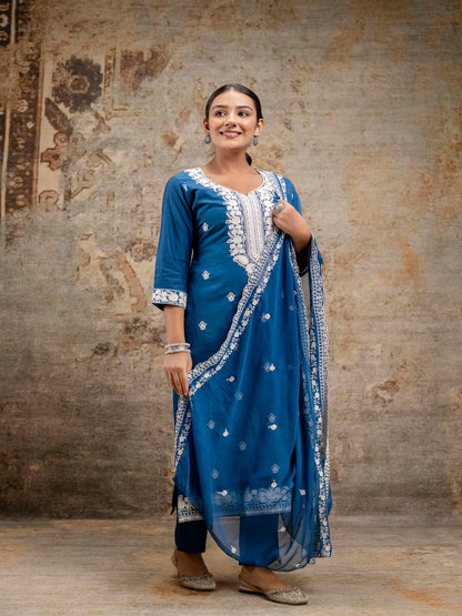 Blue Embroidered Round Neck Calf Length Silk Kurta & Pant With Dupatta