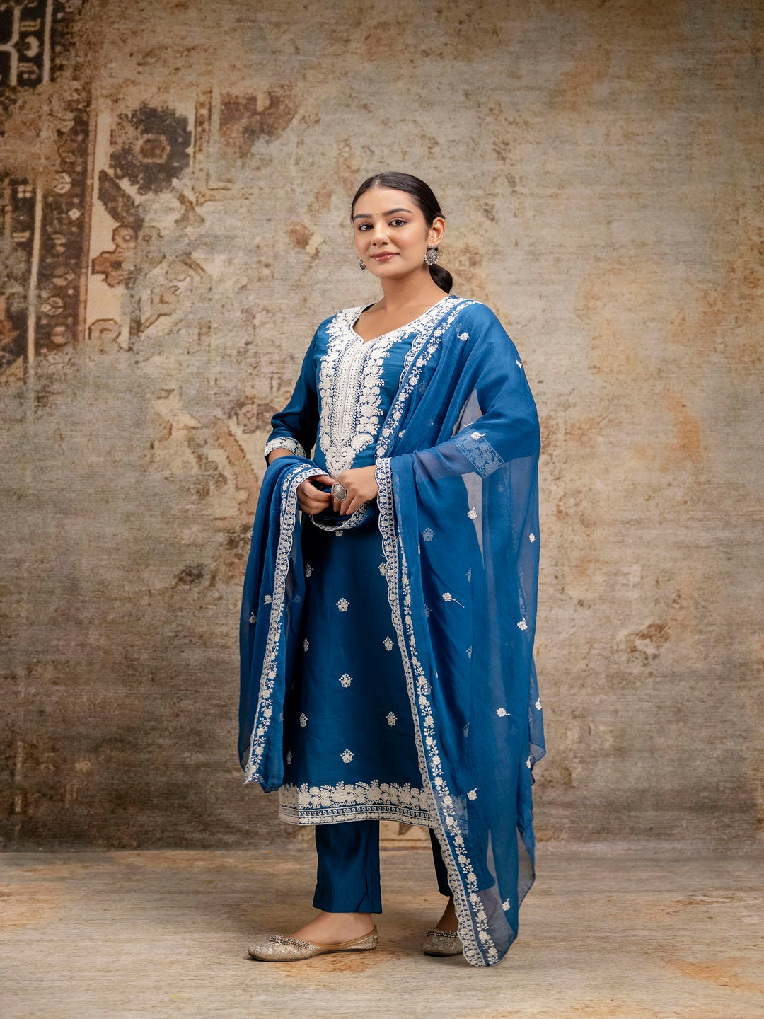 Blue Embroidered Round Neck Calf Length Silk Kurta & Pant With Dupatta