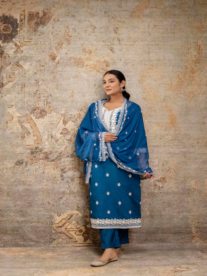 Blue Embroidered Round Neck Calf Length Silk Kurta & Pant With Dupatta