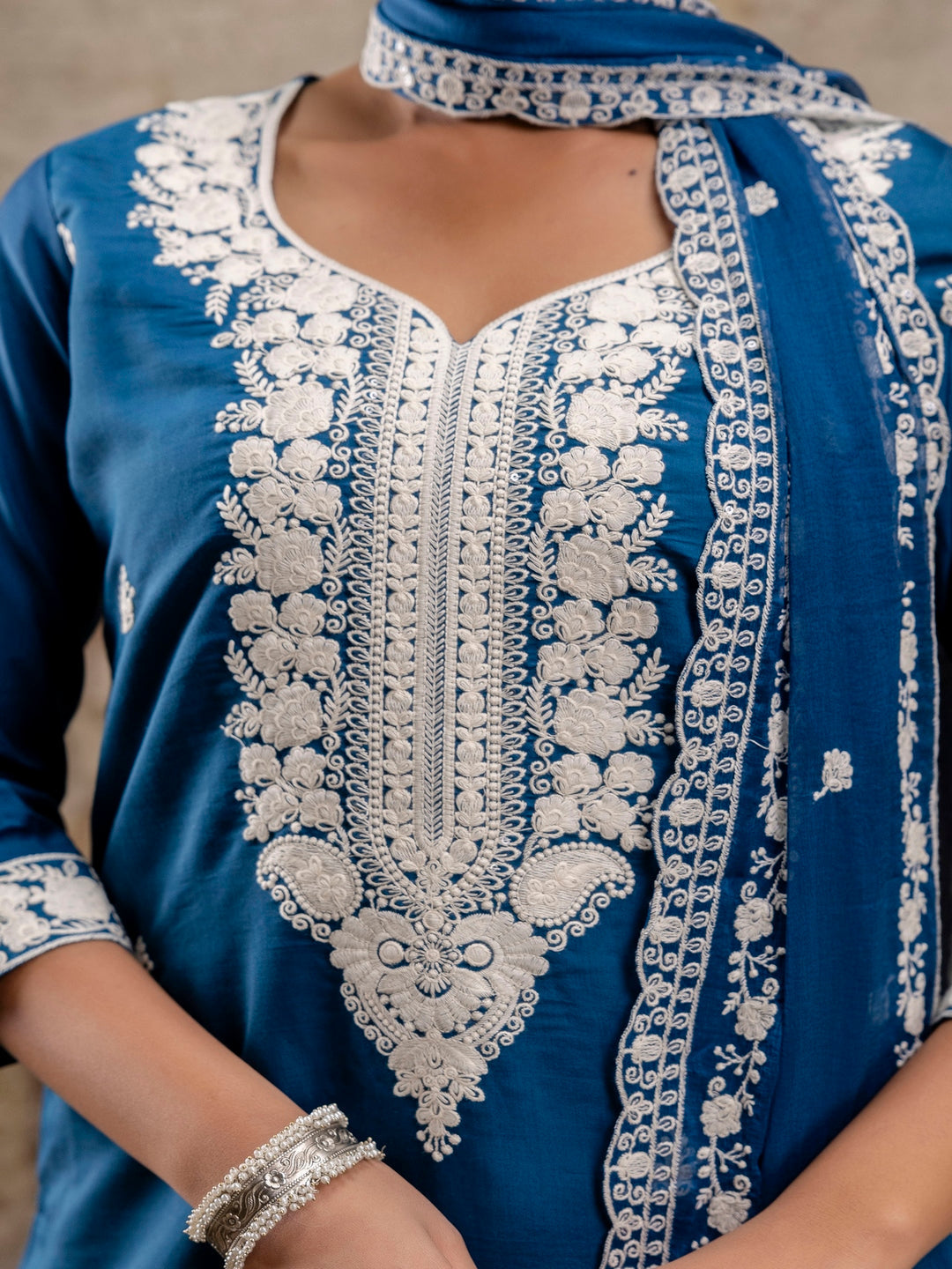 Blue Embroidered Round Neck Calf Length Silk Kurta & Pant With Dupatta