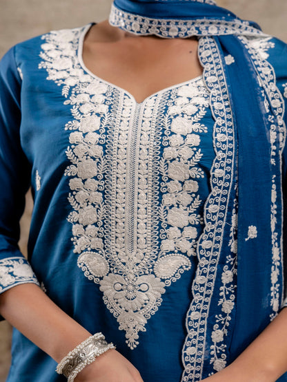 Blue Embroidered Round Neck Calf Length Silk Kurta & Pant With Dupatta