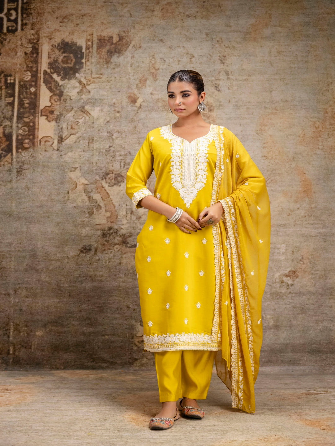 Yellow Embroidered Round Neck Calf Length Silk Kurta & Pant With Dupatta