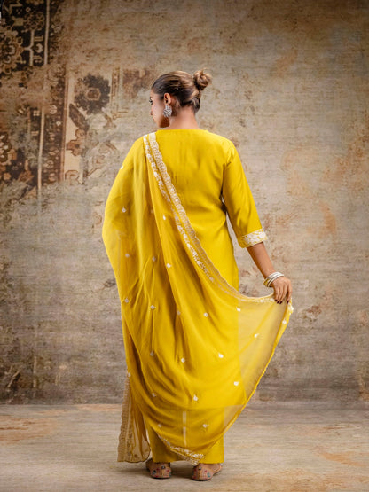 Yellow Embroidered Round Neck Calf Length Silk Kurta & Pant With Dupatta