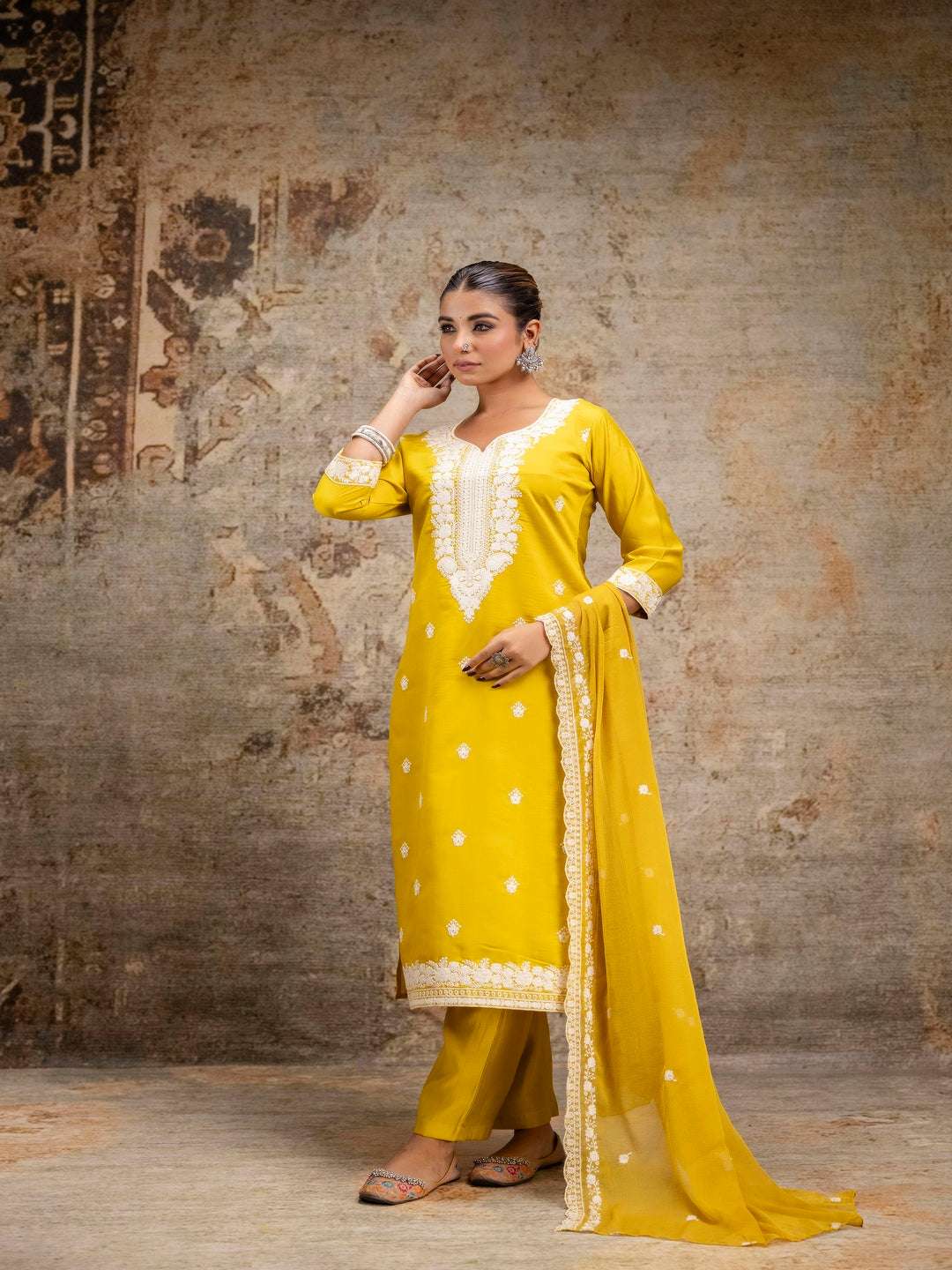 Yellow Embroidered Round Neck Calf Length Silk Kurta & Pant With Dupatta