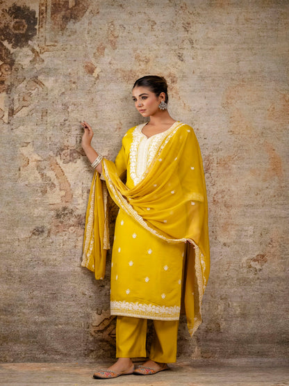 Yellow Embroidered Round Neck Calf Length Silk Kurta & Pant With Dupatta