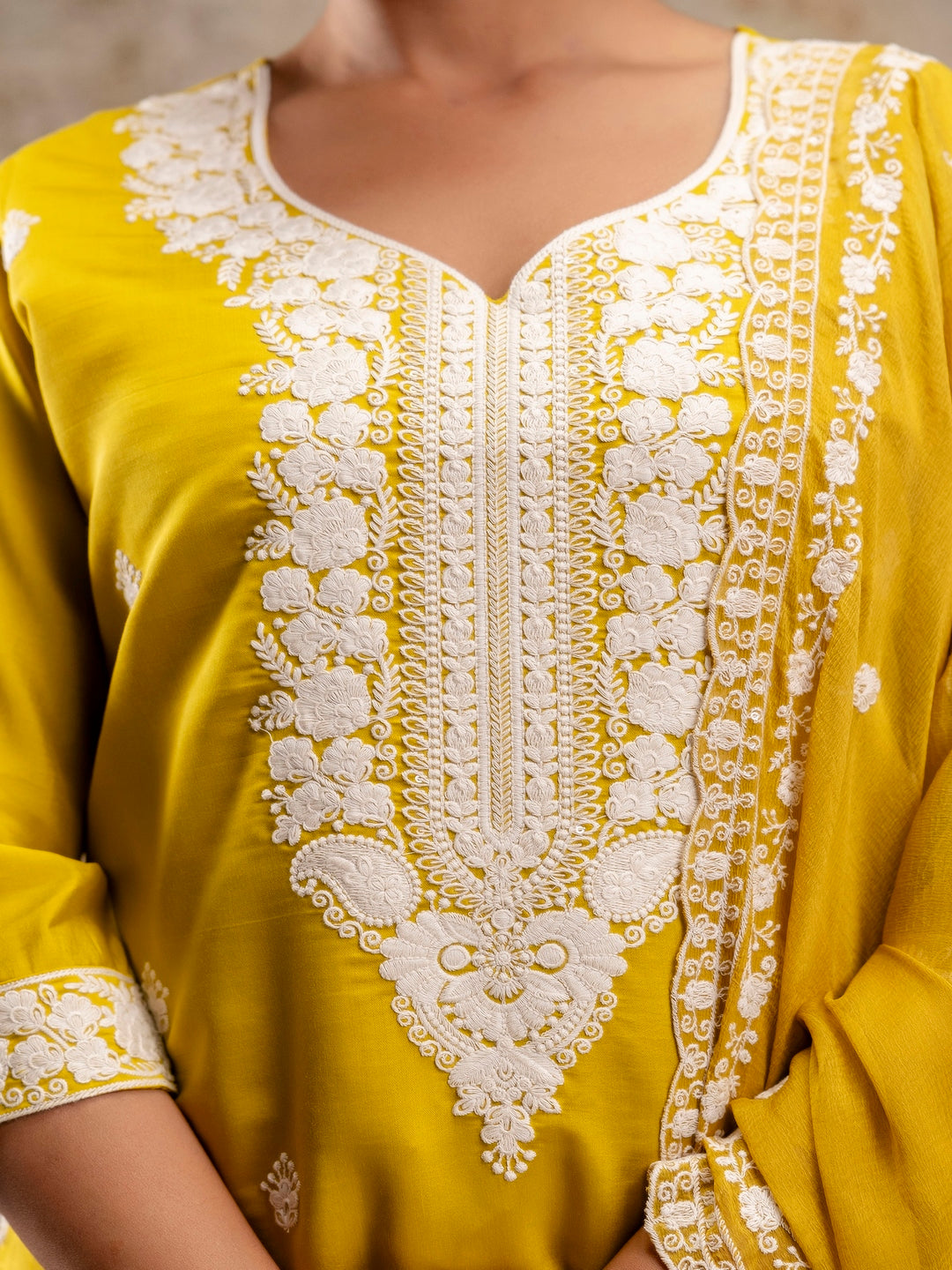 Yellow Embroidered Round Neck Calf Length Silk Kurta & Pant With Dupatta