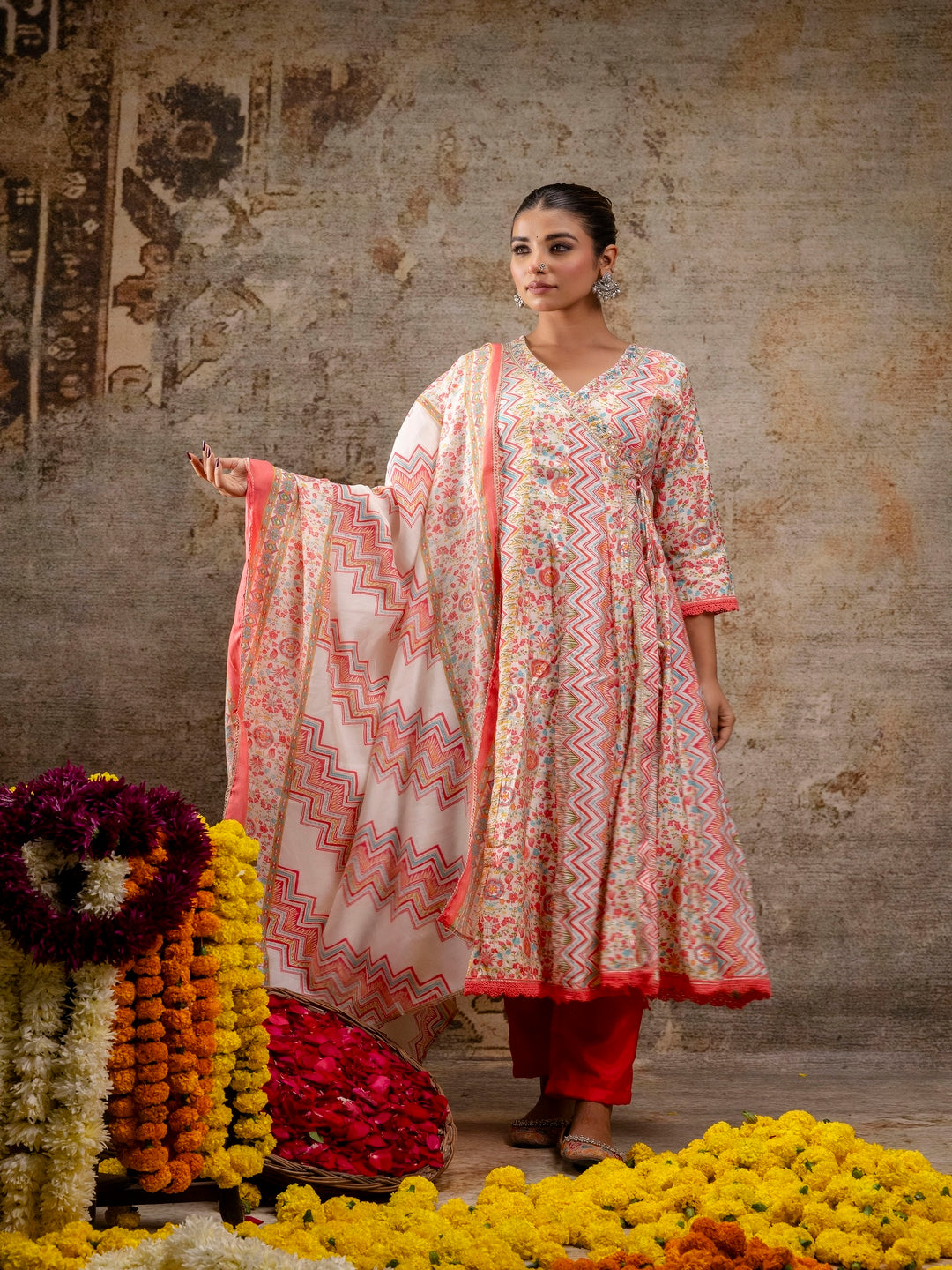 Pink Printed V-Neck Calf Length Silk Kurta & Pant With Dupatta