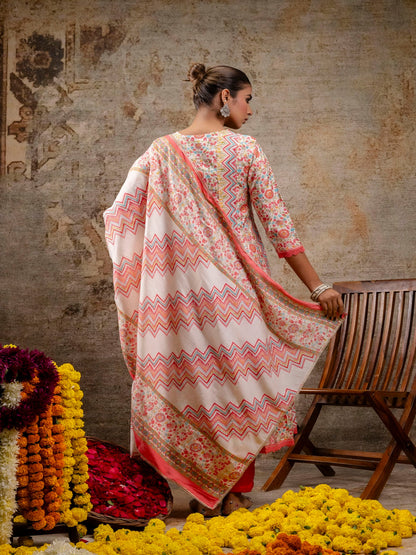 Pink Printed V-Neck Calf Length Silk Kurta & Pant With Dupatta