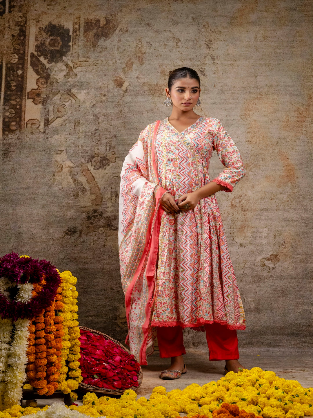 Pink Printed V-Neck Calf Length Silk Kurta & Pant With Dupatta