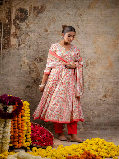 Pink Printed V-Neck Calf Length Silk Kurta & Pant With Dupatta