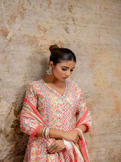 Pink Printed V-Neck Calf Length Silk Kurta & Pant With Dupatta