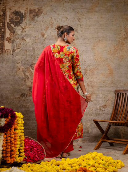 Red Printed V-Neck Calf Length Viscose Rayon Kurta & Pant With Dupatta