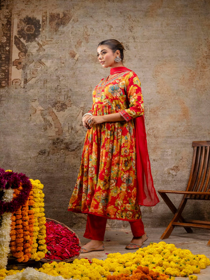 Red Printed V-Neck Calf Length Viscose Rayon Kurta & Pant With Dupatta