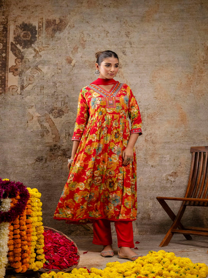 Red Printed V-Neck Calf Length Viscose Rayon Kurta & Pant With Dupatta