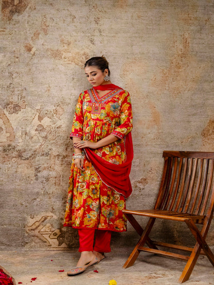 Red Printed V-Neck Calf Length Viscose Rayon Kurta & Pant With Dupatta