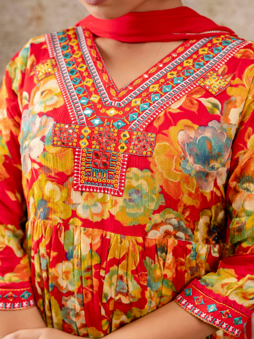 Red Printed V-Neck Calf Length Viscose Rayon Kurta & Pant With Dupatta