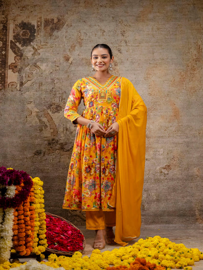 Yellow Printed V-Neck Calf Length Viscose Rayon Kurta & Pant With Dupatta