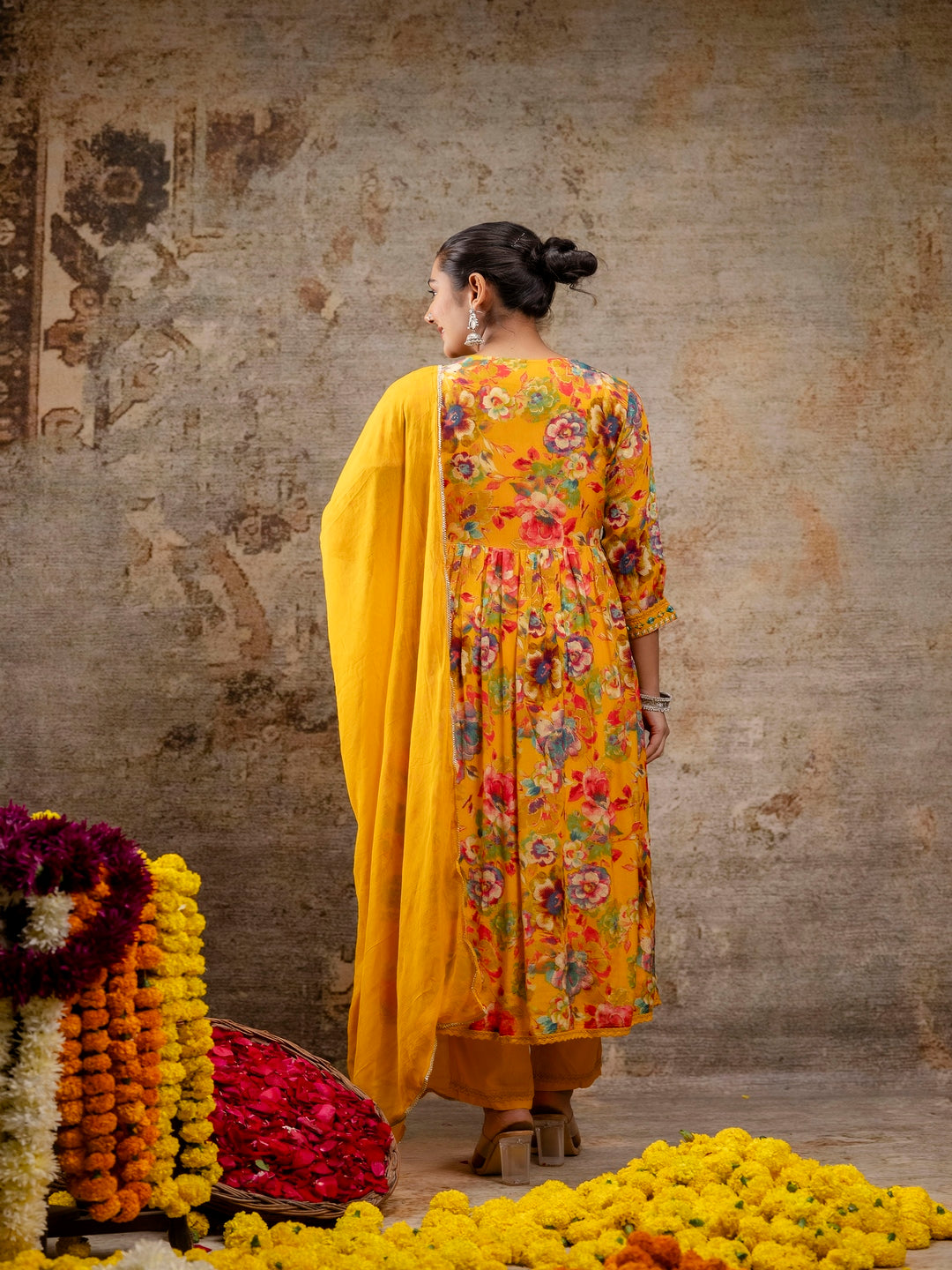 Yellow Printed V-Neck Calf Length Viscose Rayon Kurta & Pant With Dupatta