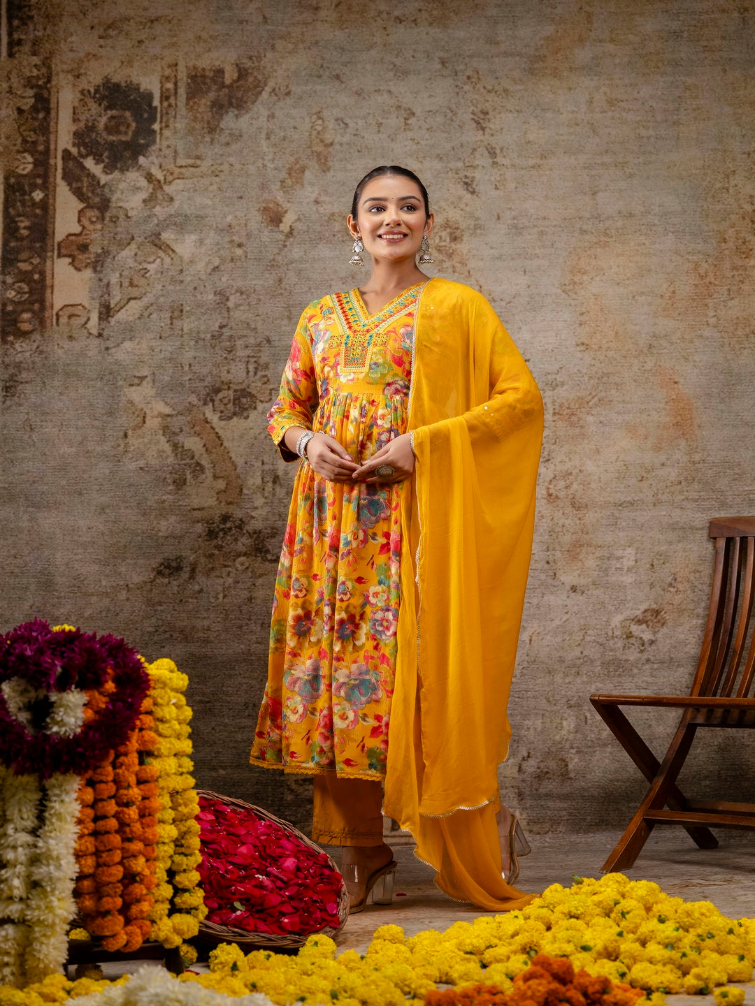 Yellow Printed V-Neck Calf Length Viscose Rayon Kurta & Pant With Dupatta