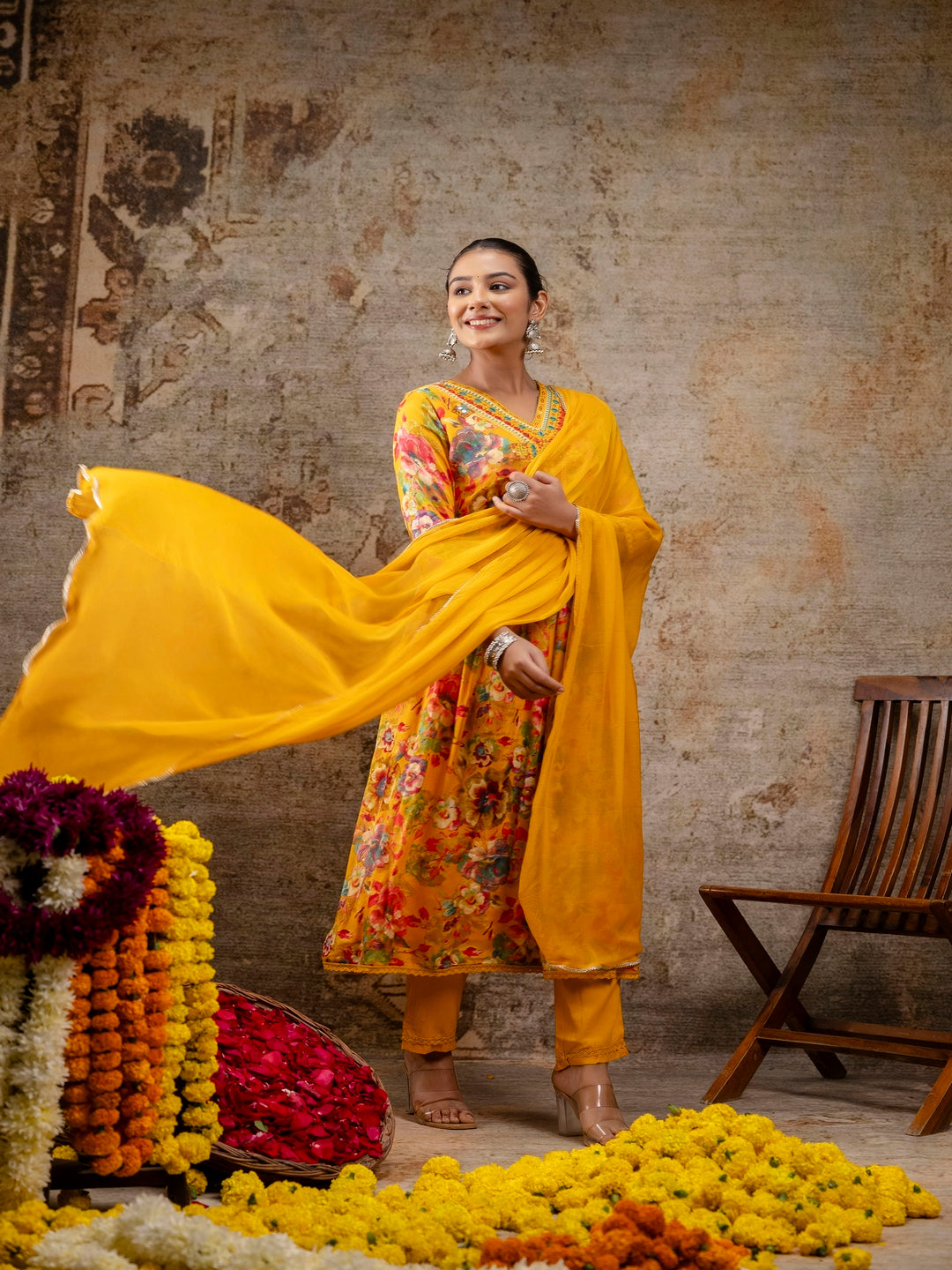 Yellow Printed V-Neck Calf Length Viscose Rayon Kurta & Pant With Dupatta
