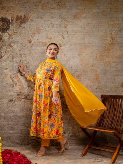 Yellow Printed V-Neck Calf Length Viscose Rayon Kurta & Pant With Dupatta