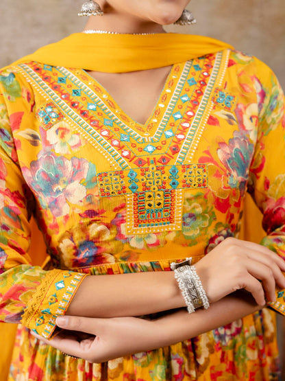 Yellow Printed V-Neck Calf Length Viscose Rayon Kurta & Pant With Dupatta