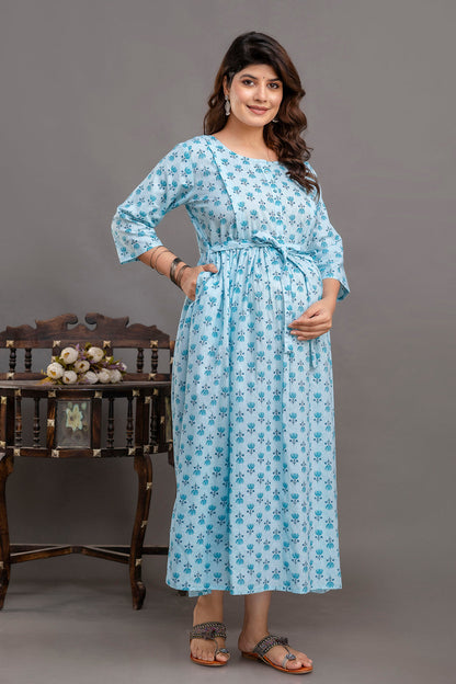 Blue Printed Maternity Dress