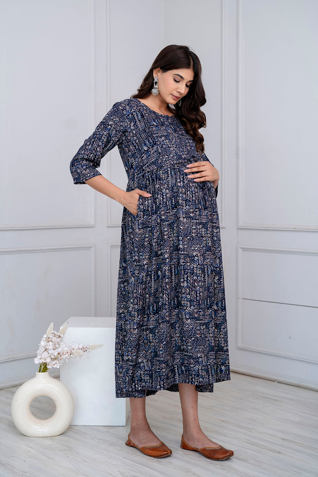 Navy Blue Abstract Printed Maternity Dress
