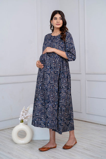 Navy Blue Abstract Printed Maternity Dress