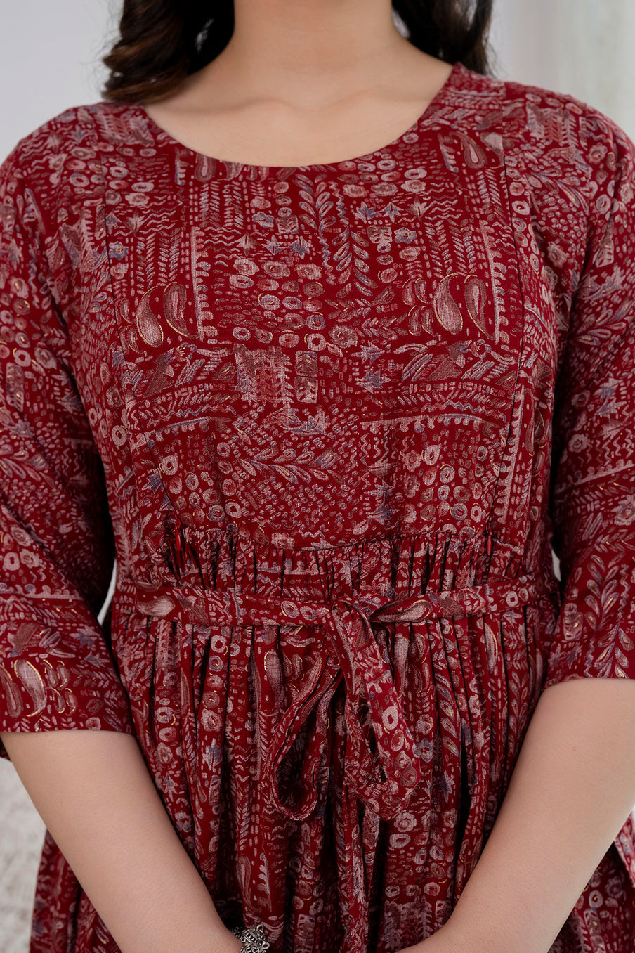 Navy Maroon Abstract Printed Maternity Dress