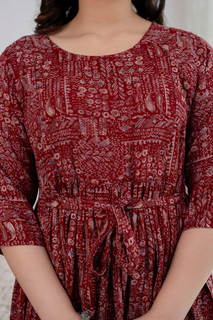 Navy Maroon Abstract Printed Maternity Dress