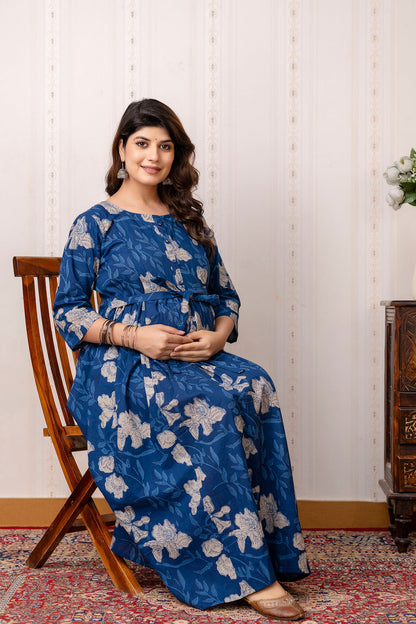 Blue Printed Maternity Dress