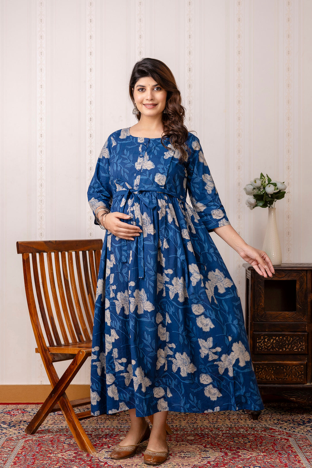 Blue Printed Maternity Dress