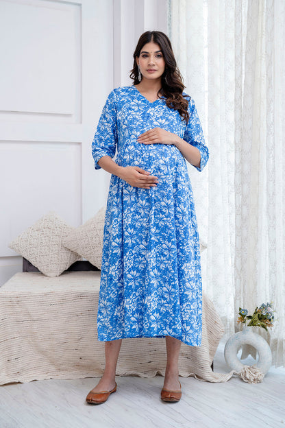 Blue Printed Maternity Dress