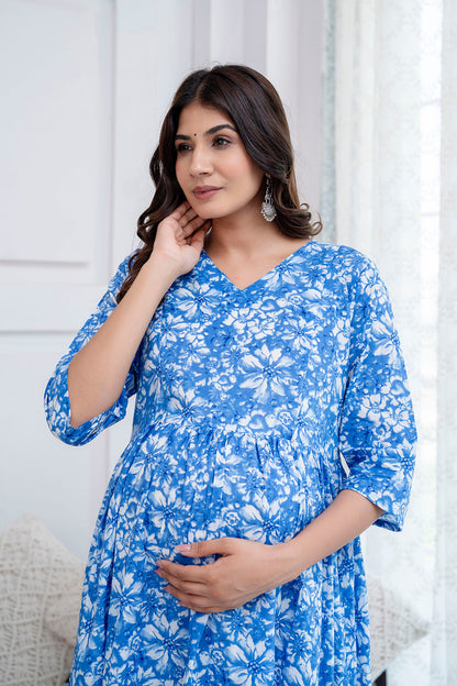 Blue Printed Maternity Dress