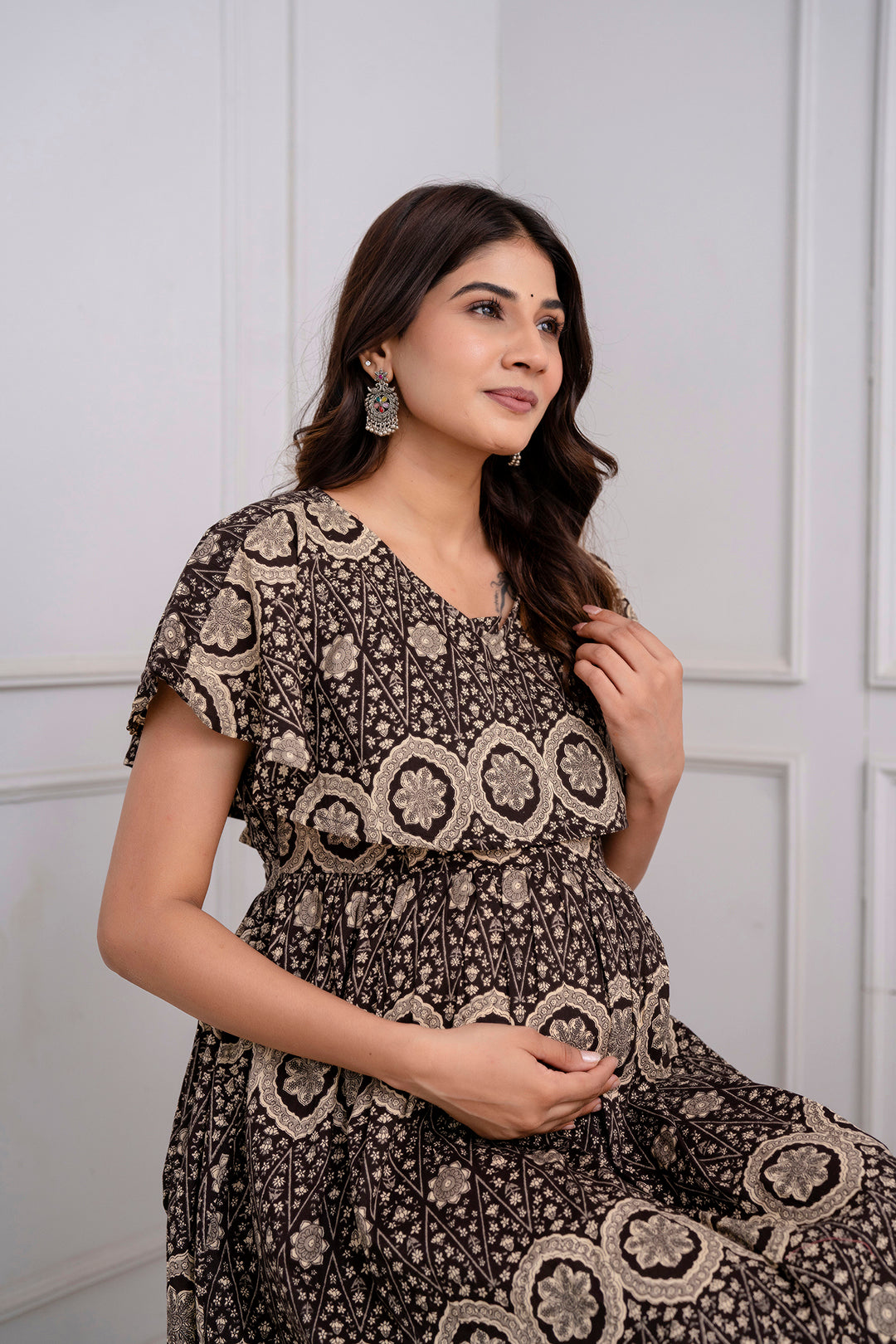 Brown Printed Maternity Dress