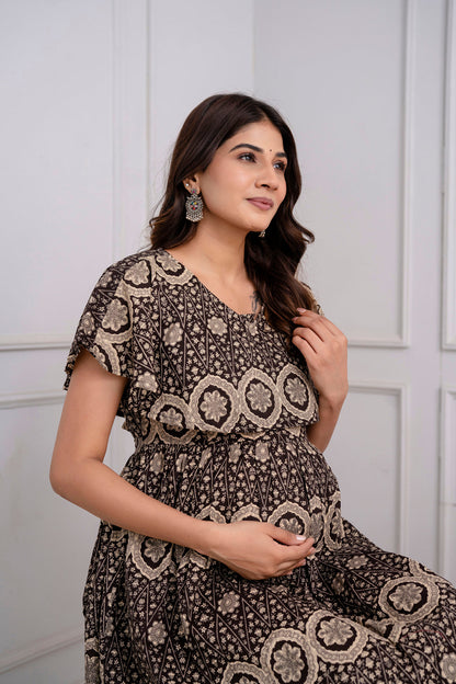 Brown Printed Maternity Dress