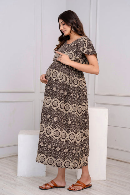 Brown Printed Maternity Dress