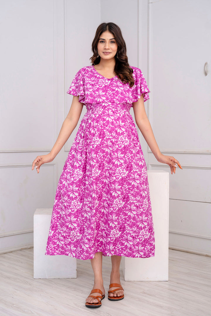 Purple Printed Maternity Dress