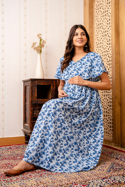 Blue Printed Maternity Dress