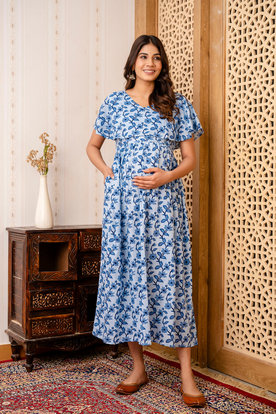 Blue Printed Maternity Dress