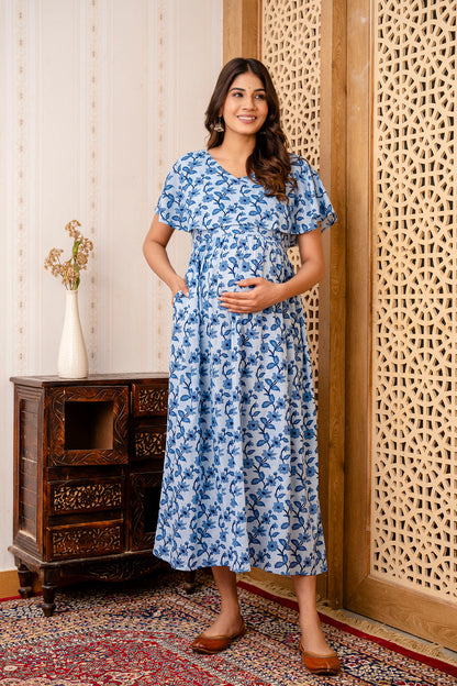 Blue Printed Maternity Dress