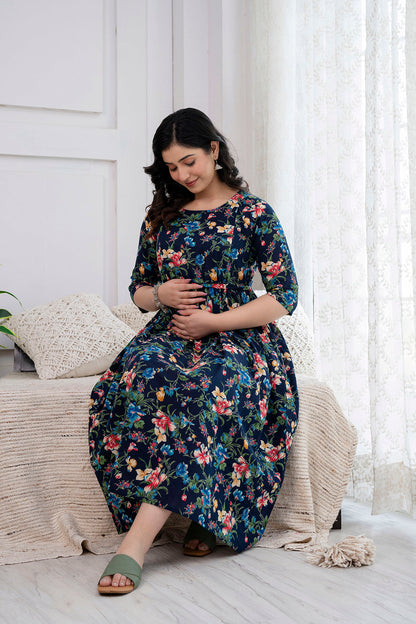 Navy Blue Printed Maternity Dress